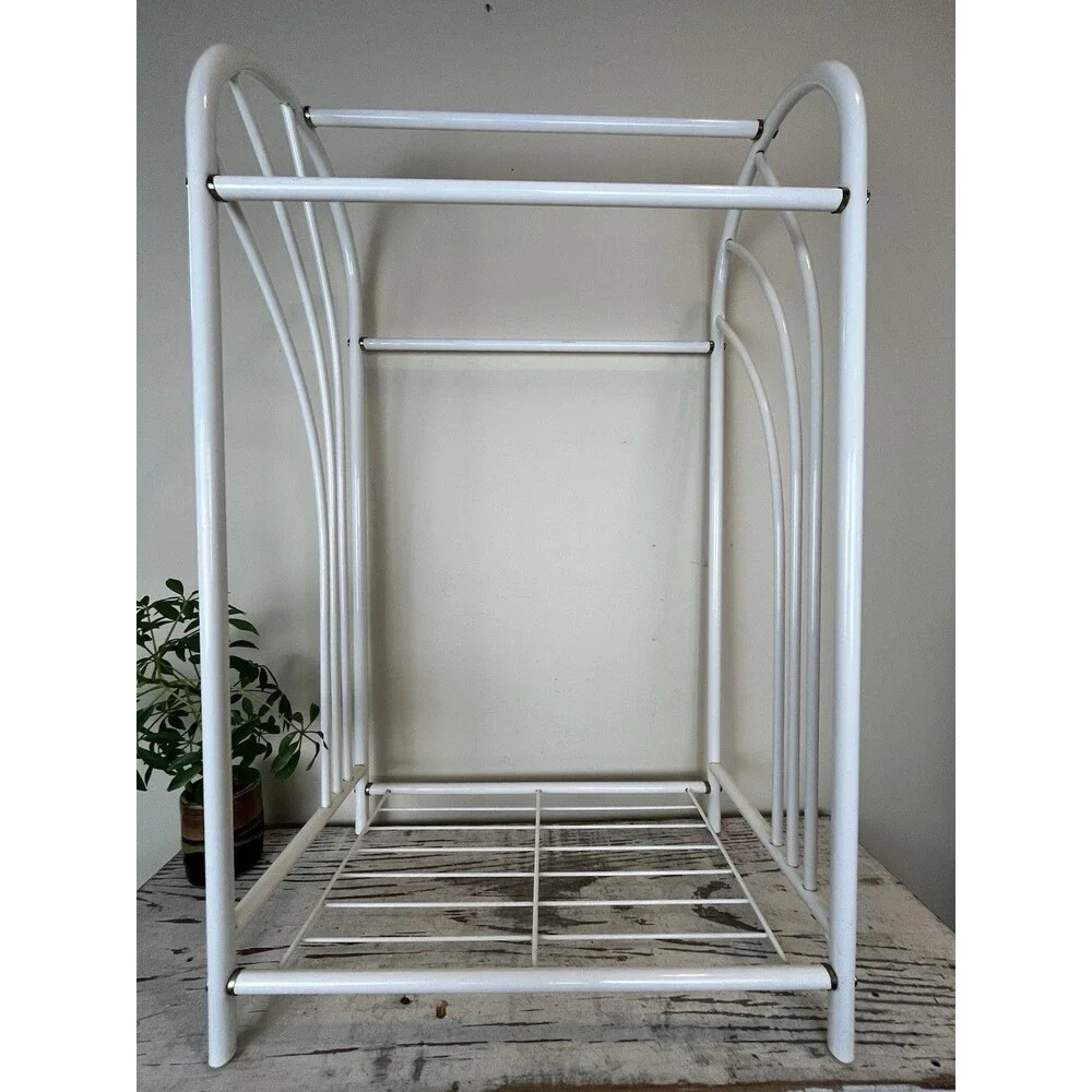 Vintage MCM White Metal Towel Caddy Rack Stand Free Standing Bathroom Retro MINT